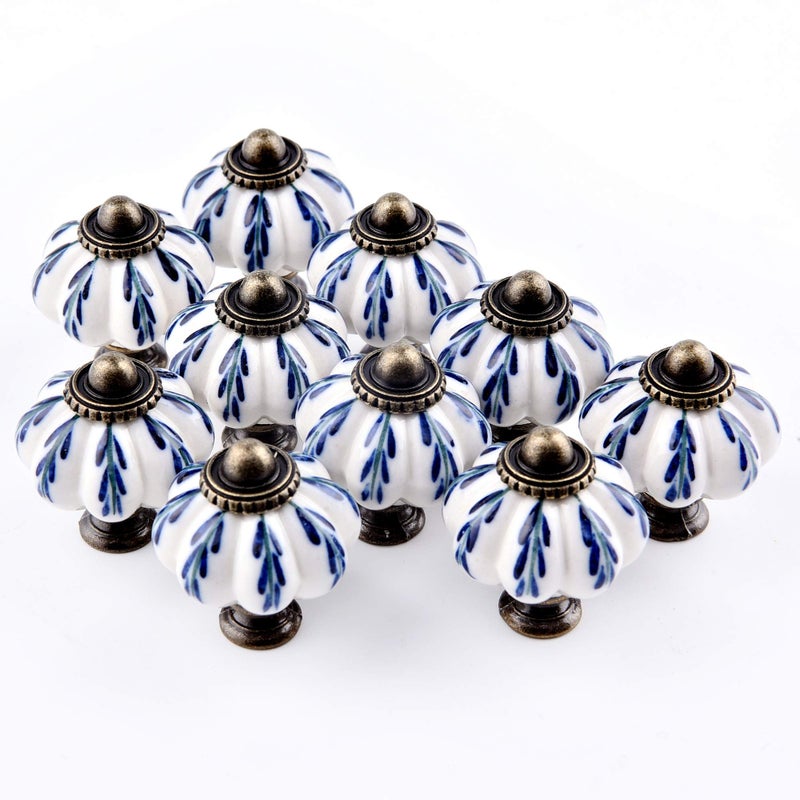 IEIK 10Pcs Pumpkin Ceramic Drawer Knobs, Dresser Knobs Vintage Door Pull Handles Retro Antique Floral Leaf Pattern for Furniture Drawer Dresser Cabinet with Screws (White/Blue) - Image 5
